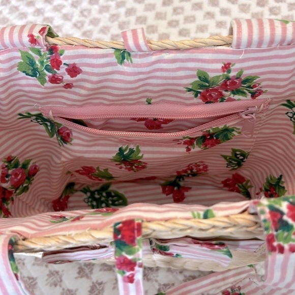 Laura Ashley Vintage Straw Tote Shoulder Bag Pink White Floral Stripe Bow Detail - Picture 12 of 17